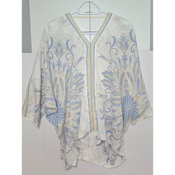 Rose & Olive Tops - Rose + Olive Boho Kimono Poncho Blouse | Women's Size L | Blue Paisley V-Neck
